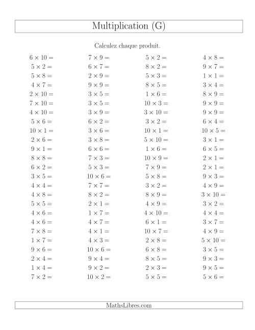 Règles de Multiplication -- Règles jusqu'à 100 (G)