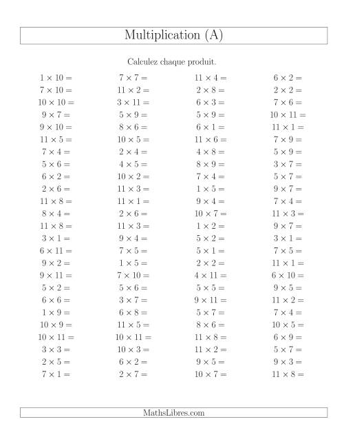 Règles de Multiplication -- Règles jusqu'à 121 (A)