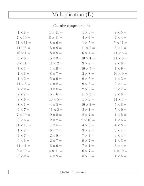 Règles de Multiplication -- Règles jusqu'à 121 (D)