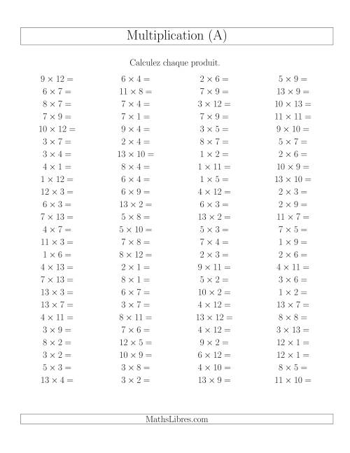 Règles de Multiplication -- Règles jusqu'à 169 (A)