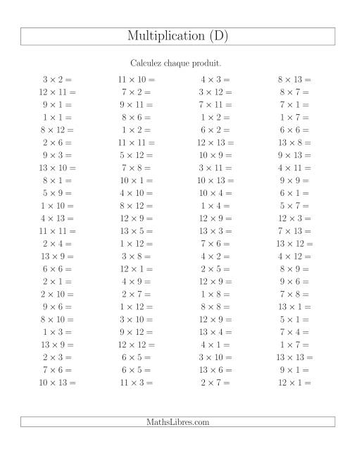 Règles de Multiplication -- Règles jusqu'à 169 (D)