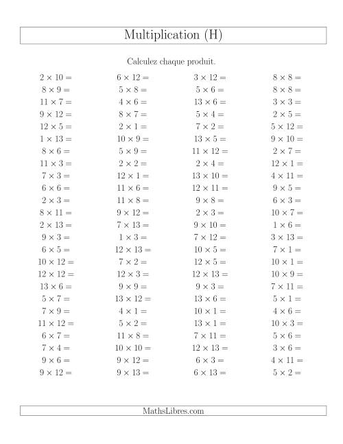 Règles de Multiplication -- Règles jusqu'à 169 (H)