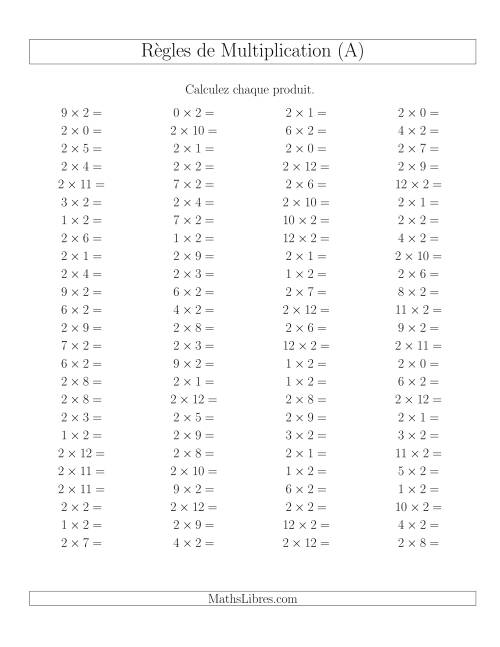 Règles de Multiplication -- Règles de 2 × 0-12 (A)
