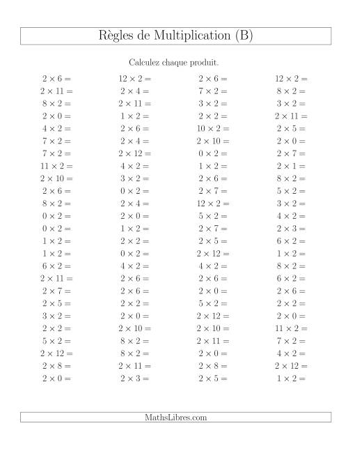 Règles de Multiplication -- Règles de 2 × 0-12 (B)