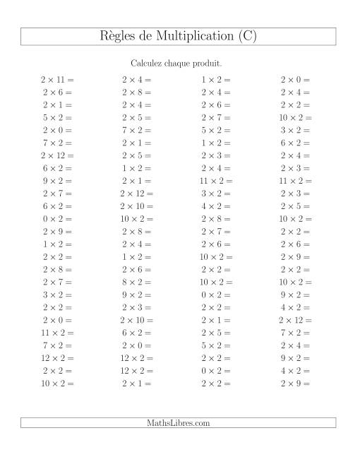 Règles de Multiplication -- Règles de 2 × 0-12 (C)
