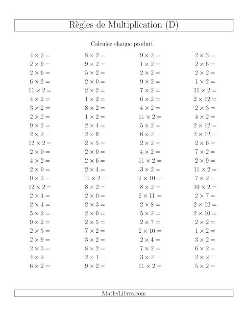 Règles de Multiplication -- Règles de 2 × 0-12 (D)