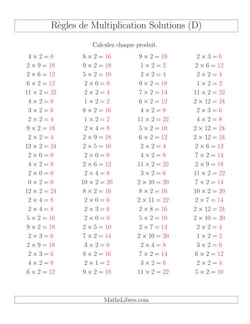 Règles de Multiplication -- Règles de 2 × 0-12 (D) page 2