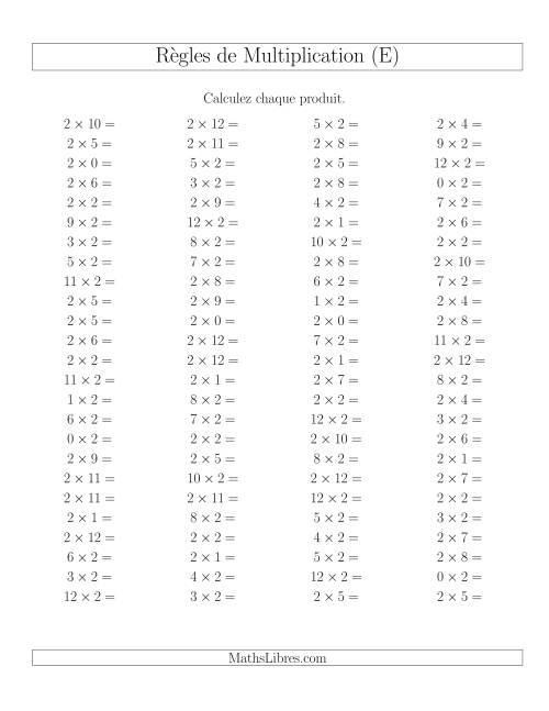 Règles de Multiplication -- Règles de 2 × 0-12 (E)