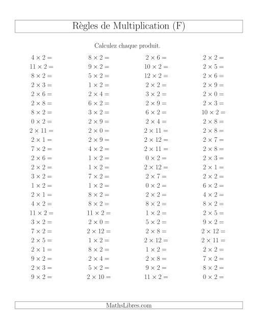 Règles de Multiplication -- Règles de 2 × 0-12 (F)
