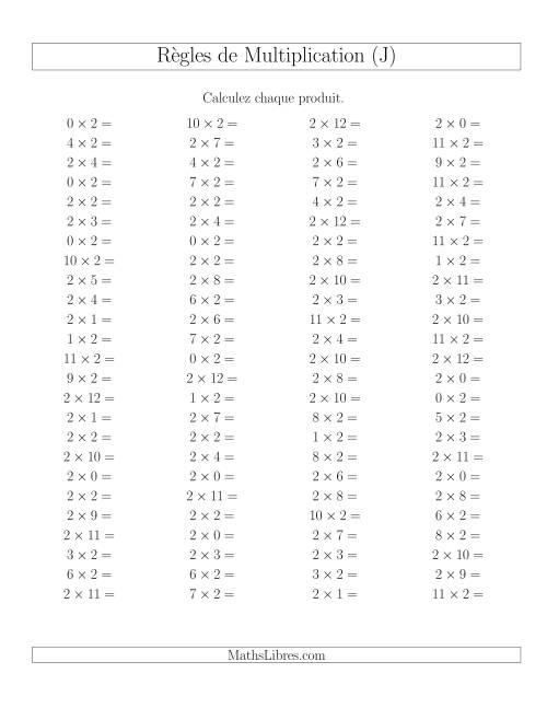 Règles de Multiplication -- Règles de 2 × 0-12 (J)