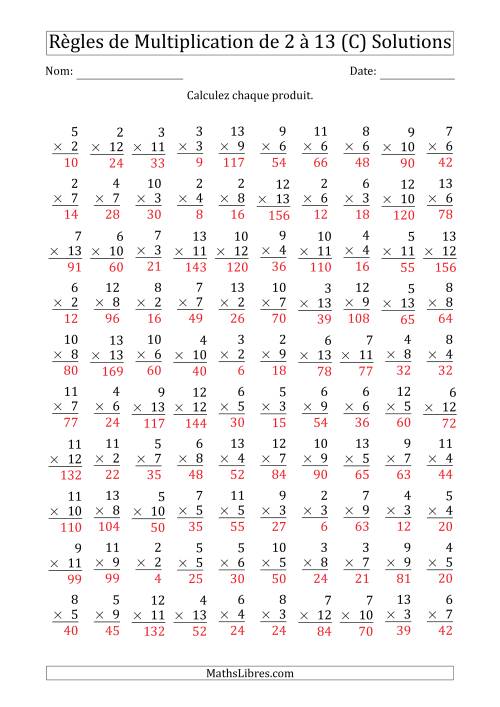 Règles de Multiplication de 2 à 13 (100 Questions) (C) page 2
