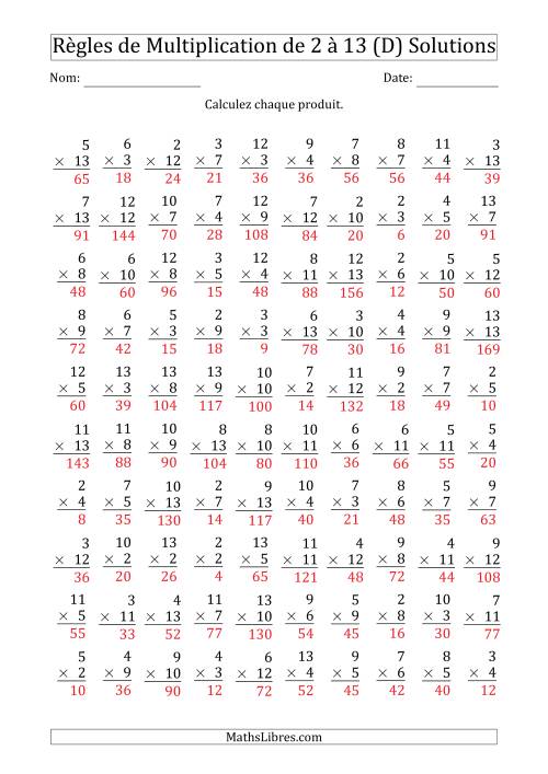 Règles de Multiplication de 2 à 13 (100 Questions) (D) page 2