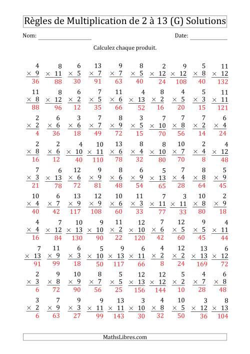 Règles de Multiplication de 2 à 13 (100 Questions) (G) page 2