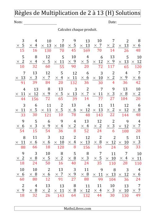 Règles de Multiplication de 2 à 13 (100 Questions) (H) page 2