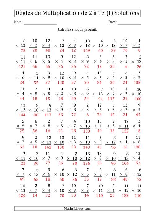 Règles de Multiplication de 2 à 13 (100 Questions) (I) page 2