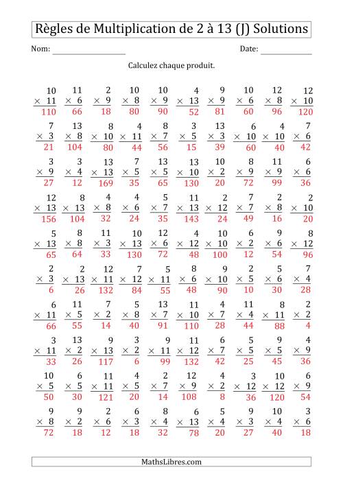 Règles de Multiplication de 2 à 13 (100 Questions) (J) page 2