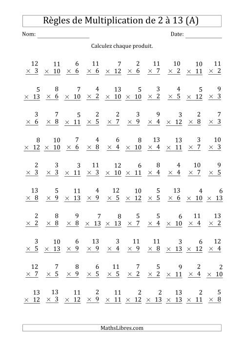 Règles de Multiplication de 2 à 13 (100 Questions) (Tout)