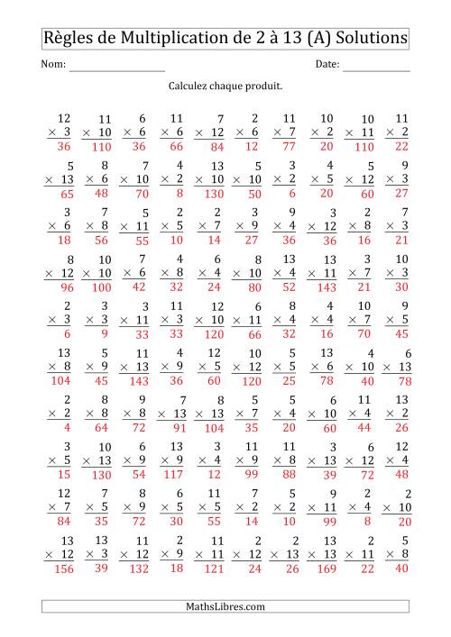 Règles de Multiplication de 2 à 13 (100 Questions) (Tout) page 2