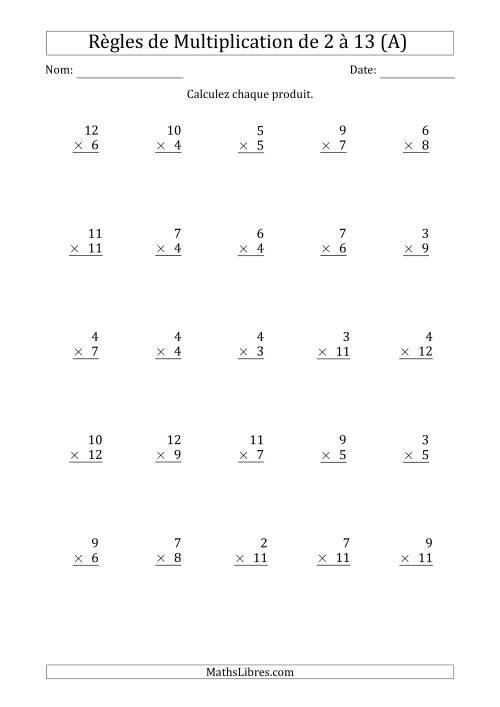 Règles de Multiplication de 2 à 13 (25 Questions) (A)
