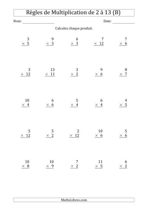 Règles de Multiplication de 2 à 13 (25 Questions) (B)