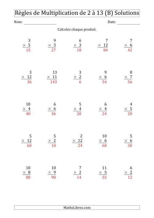 Règles de Multiplication de 2 à 13 (25 Questions) (B) page 2