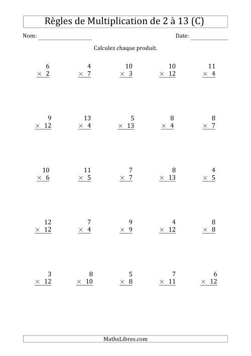 Règles de Multiplication de 2 à 13 (25 Questions) (C)