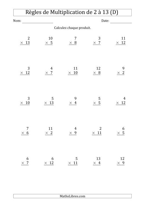 Règles de Multiplication de 2 à 13 (25 Questions) (D)