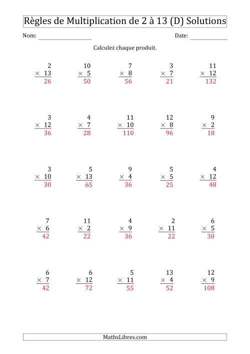 Règles de Multiplication de 2 à 13 (25 Questions) (D) page 2