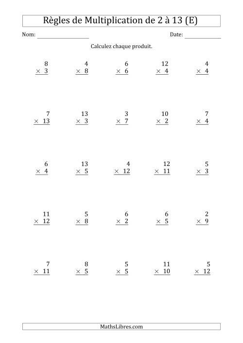 Règles de Multiplication de 2 à 13 (25 Questions) (E)