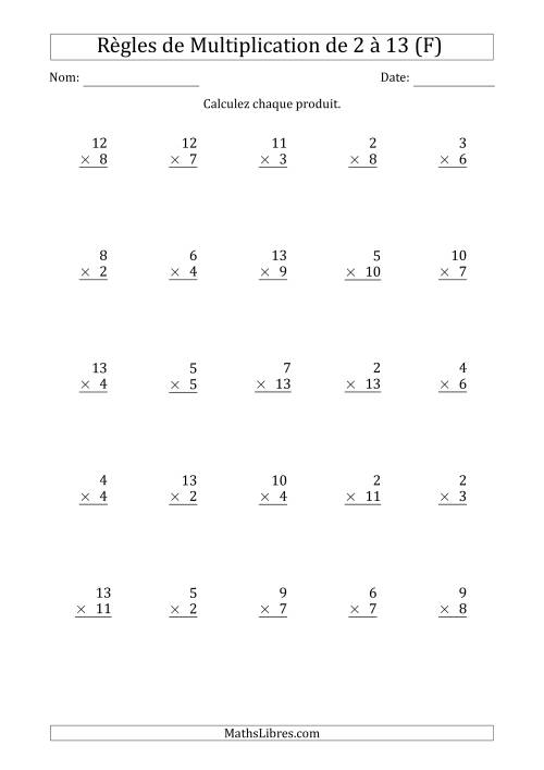 Règles de Multiplication de 2 à 13 (25 Questions) (F)