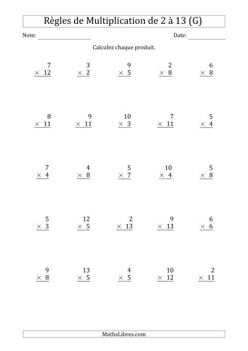 Règles de Multiplication de 2 à 13 (25 Questions) (G)