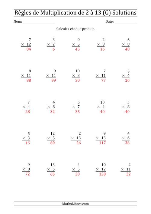 Règles de Multiplication de 2 à 13 (25 Questions) (G) page 2