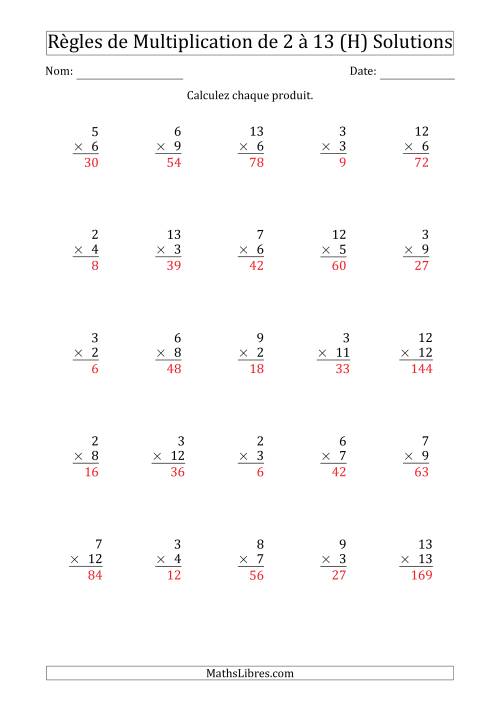 Règles de Multiplication de 2 à 13 (25 Questions) (H) page 2