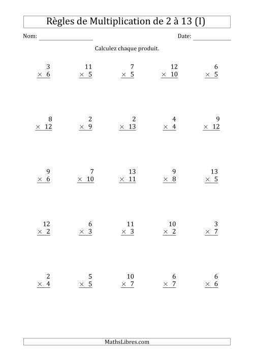 Règles de Multiplication de 2 à 13 (25 Questions) (I)
