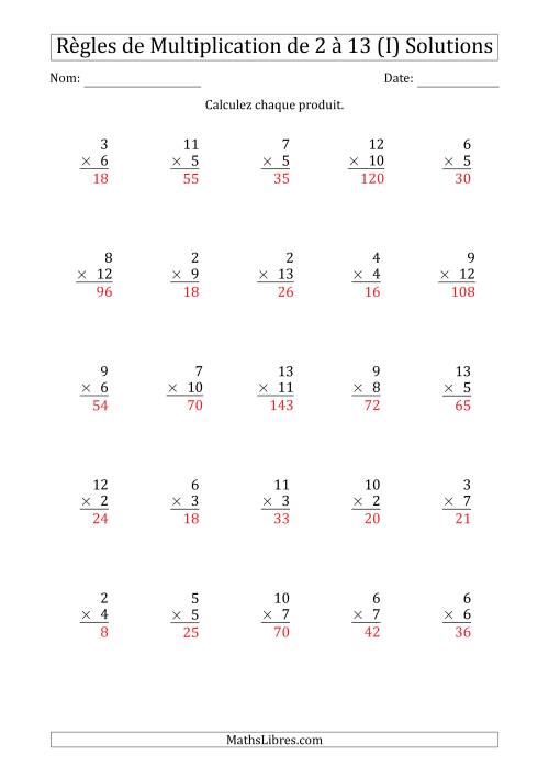 Règles de Multiplication de 2 à 13 (25 Questions) (I) page 2