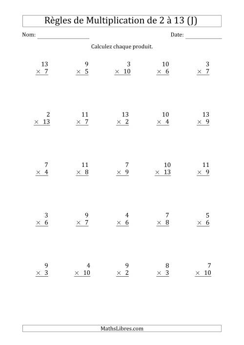 Règles de Multiplication de 2 à 13 (25 Questions) (J)