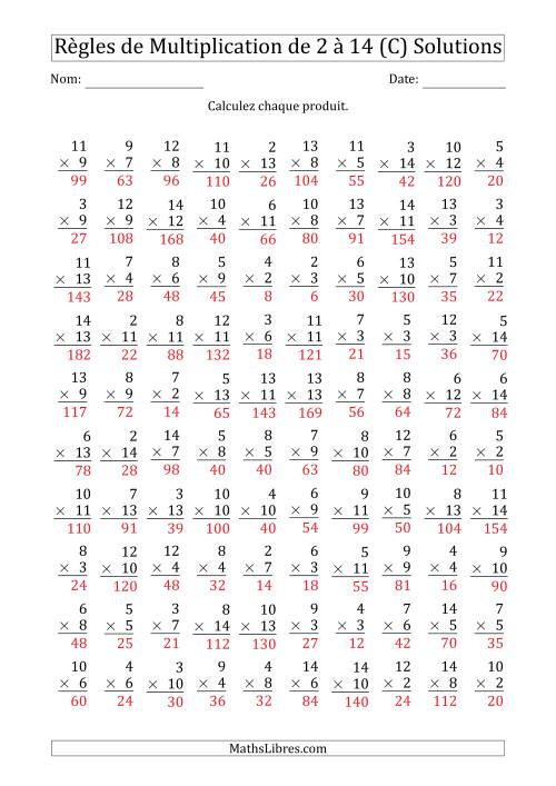 Règles de Multiplication de 2 à 14 (100 Questions) (C) page 2