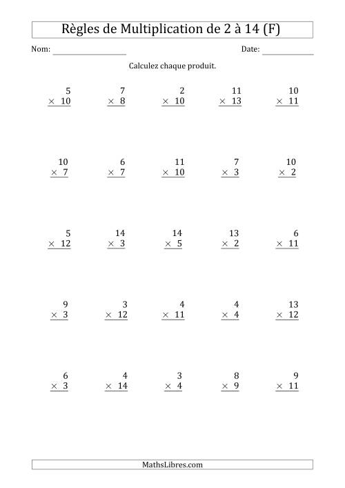 Règles de Multiplication de 2 à 14 (25 Questions) (F)