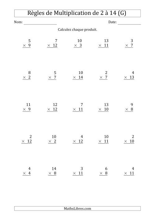Règles de Multiplication de 2 à 14 (25 Questions) (G)