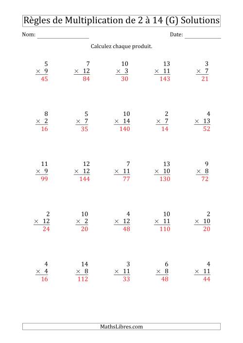 Règles de Multiplication de 2 à 14 (25 Questions) (G) page 2