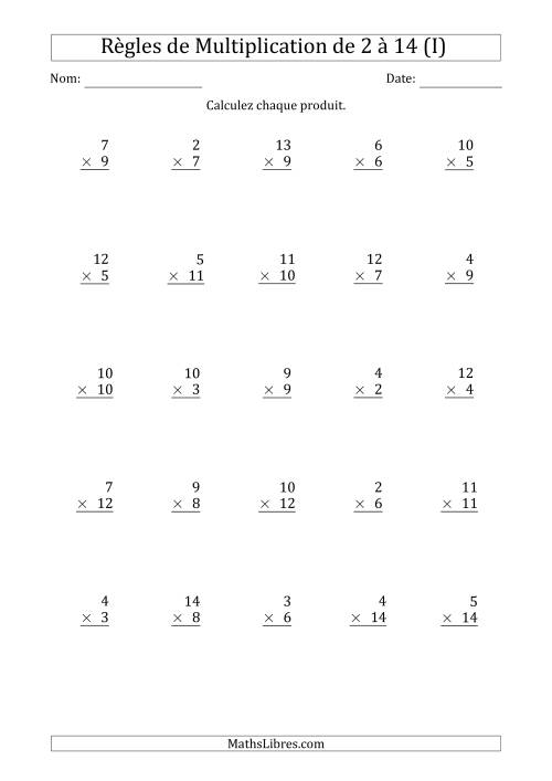 Règles de Multiplication de 2 à 14 (25 Questions) (I)