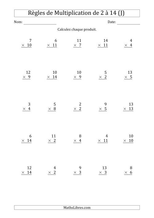 Règles de Multiplication de 2 à 14 (25 Questions) (J)