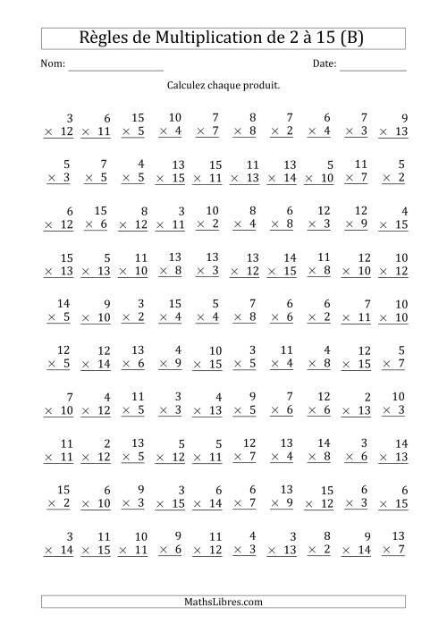 Règles de Multiplication de 2 à 15 (100 Questions) (B)