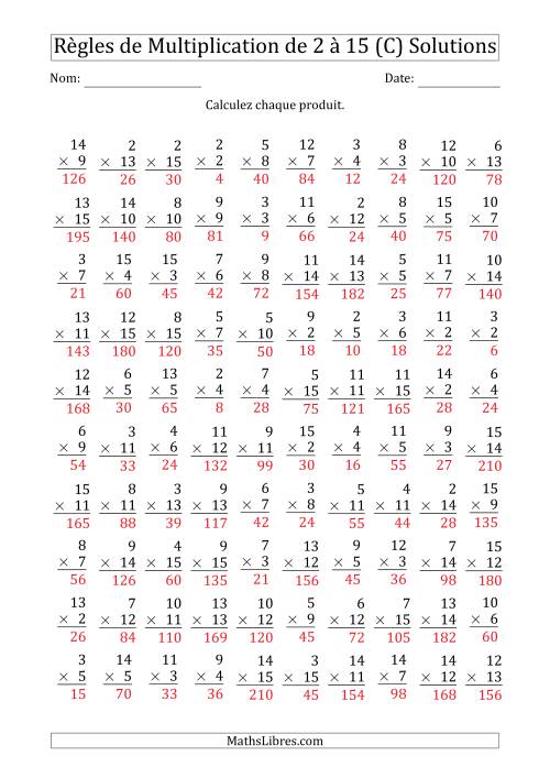 Règles de Multiplication de 2 à 15 (100 Questions) (C) page 2