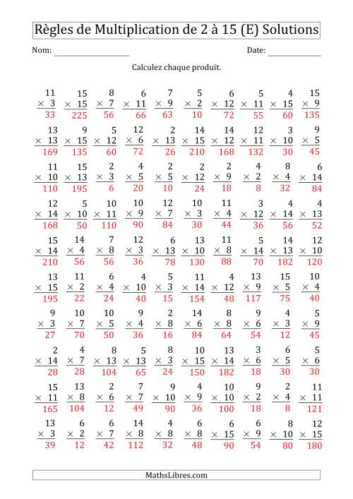 Règles de Multiplication de 2 à 15 (100 Questions) (E) page 2