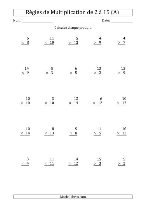 Règles de Multiplication de 2 à 15 (25 Questions) (A)