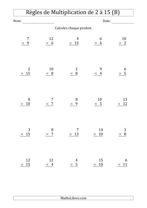 Règles de Multiplication de 2 à 15 (25 Questions) (B)