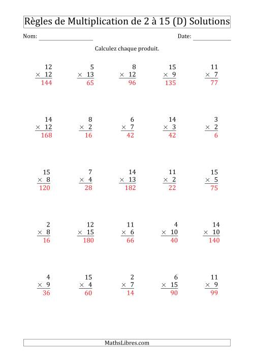 Règles de Multiplication de 2 à 15 (25 Questions) (D) page 2