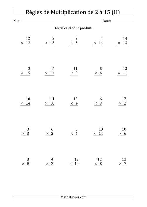 Règles de Multiplication de 2 à 15 (25 Questions) (H)