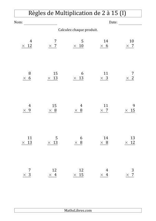 Règles de Multiplication de 2 à 15 (25 Questions) (I)